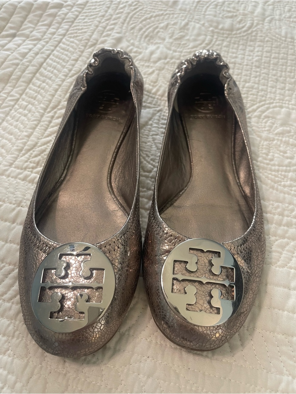 Tory Burch Metallic Pewter Logo Ballet Flats